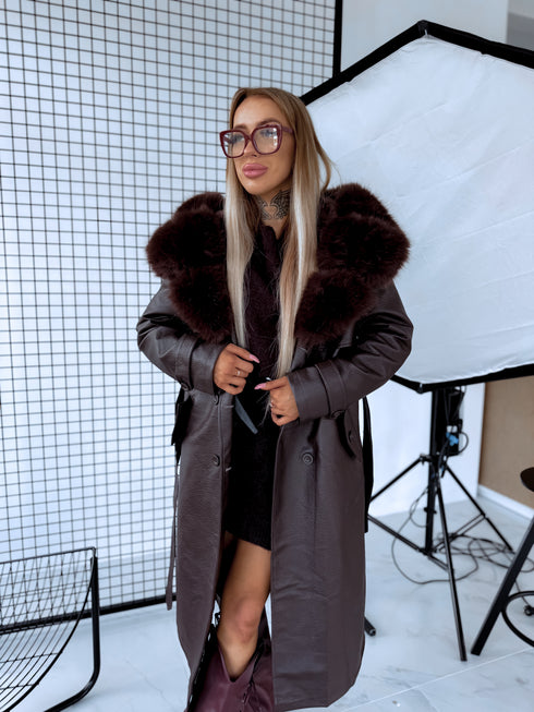 "PUDDING CV2184" Faux Leather Trench – Brown